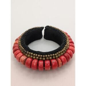 STUNNING Coral Himalayan Stone Bracelet Cuff Beaded Bangle Handmade 7.5"